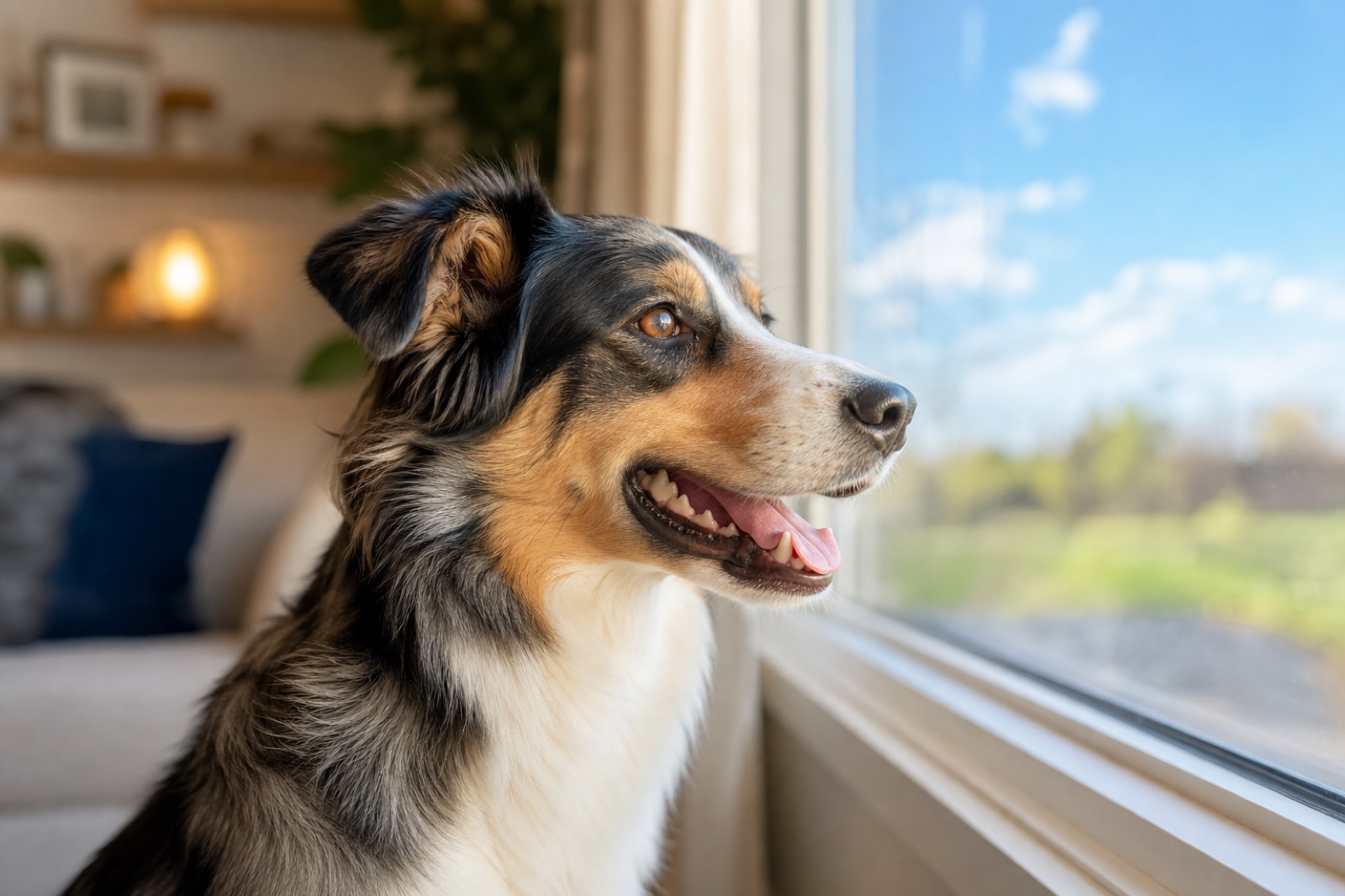 Dog looking out a sunny window